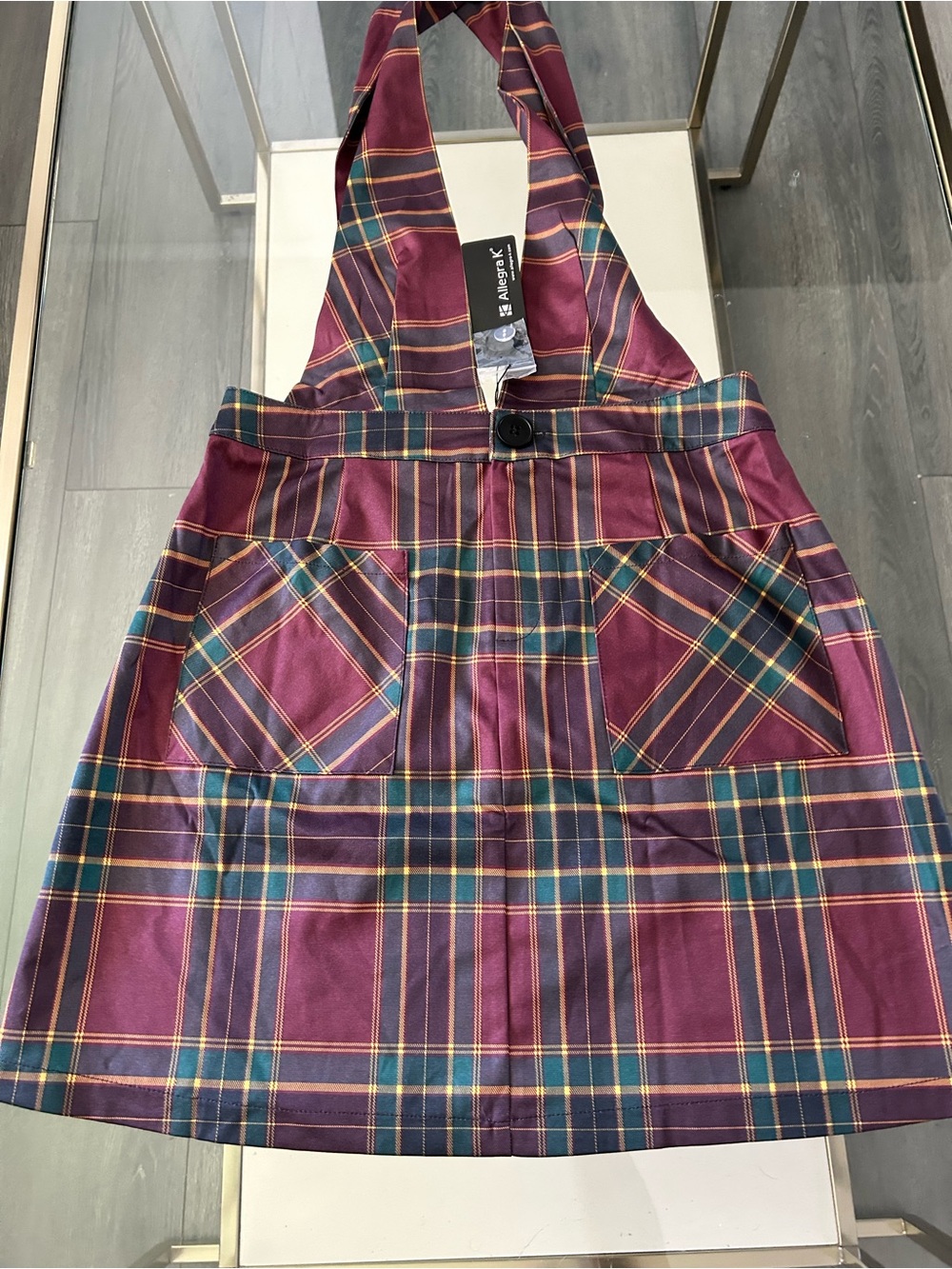 Allegra K Girls' Burgundy Plaid Pinafore Dress with Teal Accents